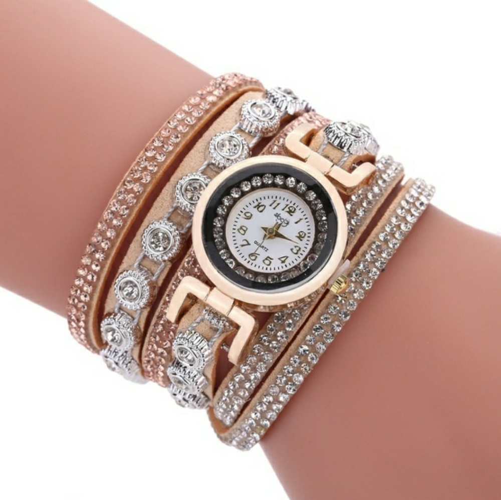Wrap watch rhinestones gold beige tan crystal snap